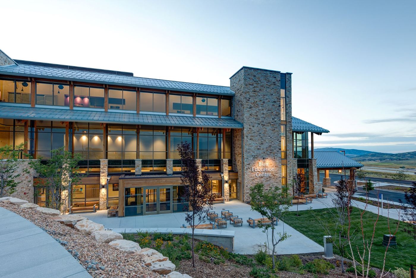 The Blair Education Center at dusk